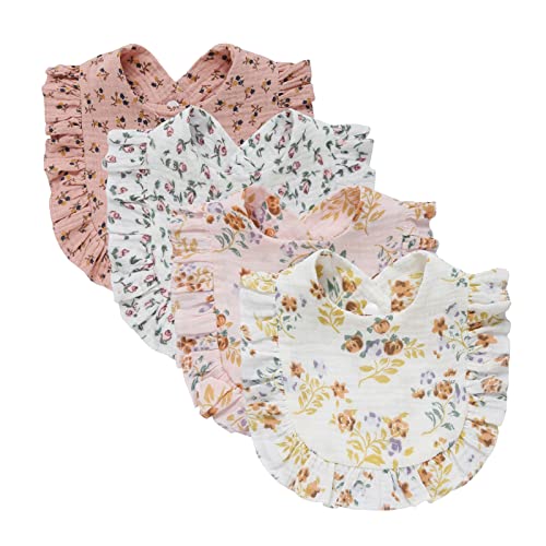Nishine 4 PACK Solid Muslin Baby Drool Bibs Set for Unisex Boys Girls Cotton Adjustable Teething Feeding Drooling Bibs Flower Set - Image 1
