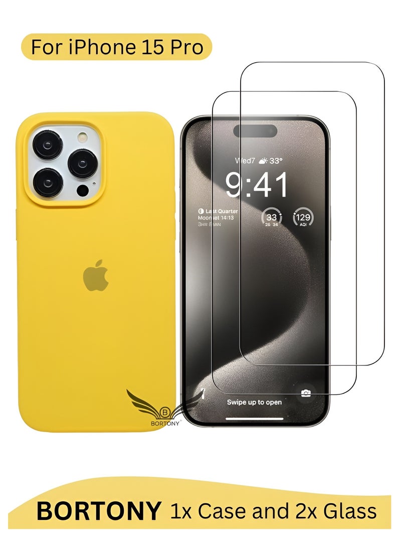 BORTONY - iPhone 15 Pro Case with 2X Screen Protector【3 in 1】Liquid Silicone Soft Silky Touch iPhone 15 Pro Cover Inside Microfiber Anti Scratch Shockproof Protective Case Cover - Image 1