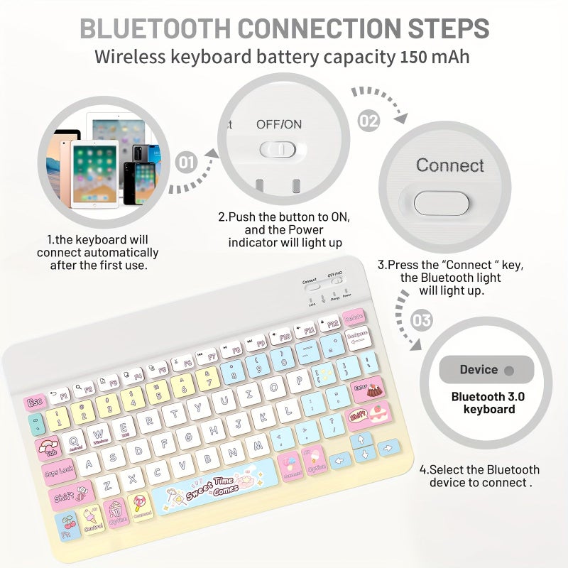Updated Slim Rechargeable Bluetooth Wireless Keyboard Portable Compact Multicolored Compatible Samsung Galaxy Tab Tablet Android Windows Smartphone Cell Phone IOS Ipad - Image 3