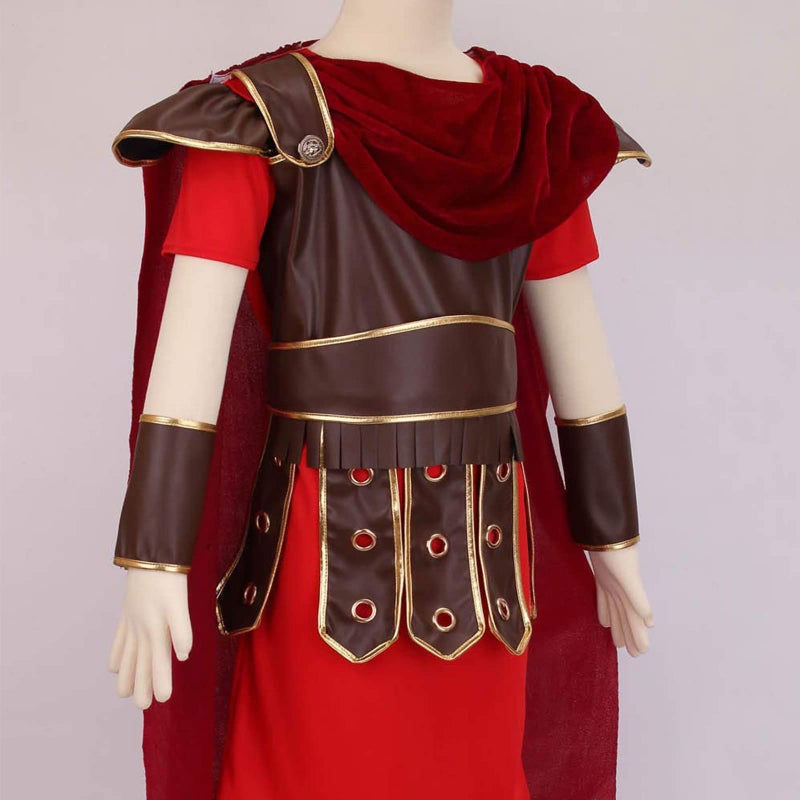 maxToonrain Roman Soldier Costume for Kids Centurion Gladiator Outfit Viking Medieval Greek Historical Theme Role Playing Party - Includes Tunic, Armour, Cape, Arm and Leg Guards (Red, 8-9 Year) - Image 2