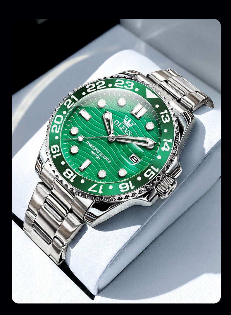 أوليفز ساعة OLEVS كوارتز فاخرة جديدة للرجال بسوار من الفولاذ المقاوم للصدأ وسلسلة غوص وإطار ملون وساعة يد أصلية أنيقة للرجال - Image 1