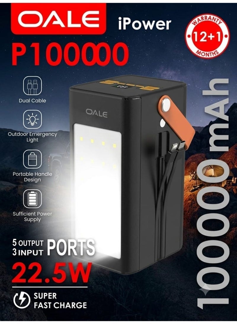OALE iPower P100000 Portable Power Station, 100000mAh Power Bank with 22.5W PD/QC Fast Charging, 5 Outputs, Built-in Cables & LED Camping Light - Black - Image 1