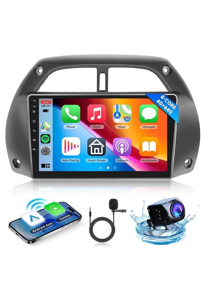 راديو سيارة أندرويد 8 كور 4G+64G لسيارة تويوتا RAV4 2001 2002 2003 2004 2005 2006، ستيريو مزدوج الدين مع Carplay وAndroid Auto، شاشة تعمل باللمس مقاس 9 بوصات مع نظام تحديد المواقع العالمي (GPS)، وبلوتوث، وواي فاي، وMirror Link، وFM، وكاميرا - Image 1