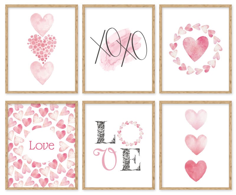 Whaline 6Pcs Valentines Day Wall Art Prints Pink Heart Love Posters Sweet Watercolor Canvas Art Painting Unframed Romantic Posters for Valentines Wedding Home Room Gallery Decor 8 x 10 inch