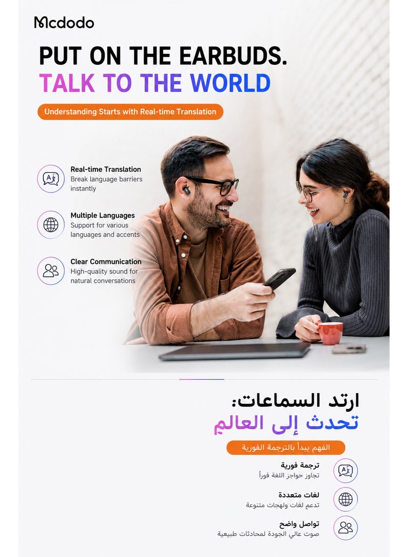 Mcdodo AI Translator Earbuds, 134 Languages, Real-time Translation, ANC and ENC, Speak A01, IPX4, iPhone Android, Silver, HP-8221 - Image 2
