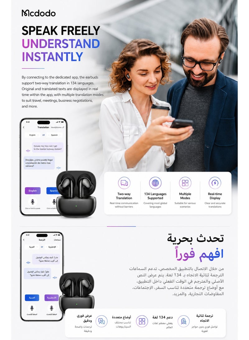 Mcdodo AI Translator Earbuds, 134 Languages, Real-time Translation, ANC and ENC, Speak A01, IPX4, iPhone Android, Silver, HP-8221 - Image 3