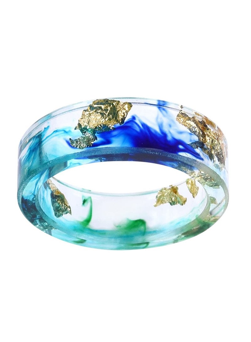 19MM Handmade Resin Dried Flower Gold Foil Ring – EU Size 60, Ocean Blue Ink Pattern, Fashion Statement Jewelry, Unisex Aesthetic Adjustable Ring