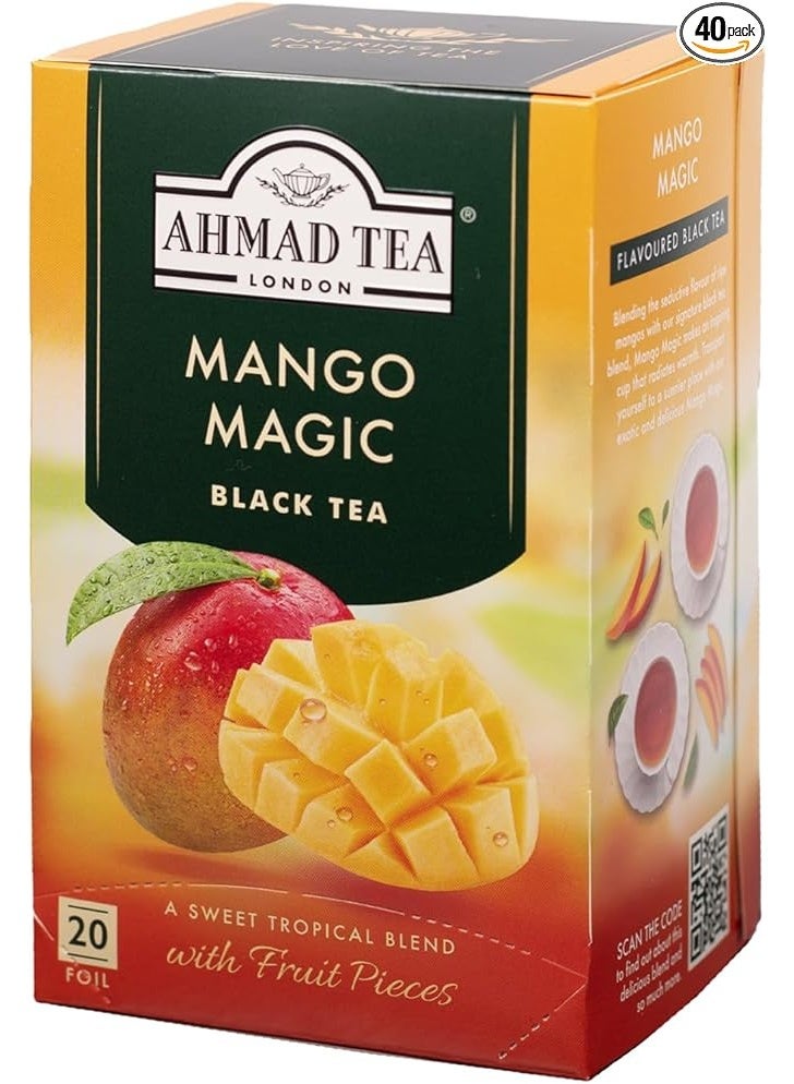 Ahmad Tea Mango Magic Flavoured Black Tea – 20 Foil Teabags – Premium Black Tea with Real Fruit Pieces - Image 1