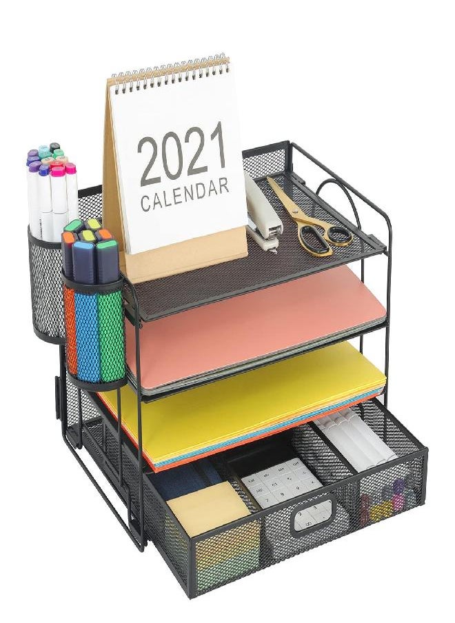 Marbrasse Marbrasse 4-Trays Desktop File Organizer with Pen Holder | Paper Letter Tray Drawer and 2 Mesh Office Supplies Desk for Home (Black)  - Image 3