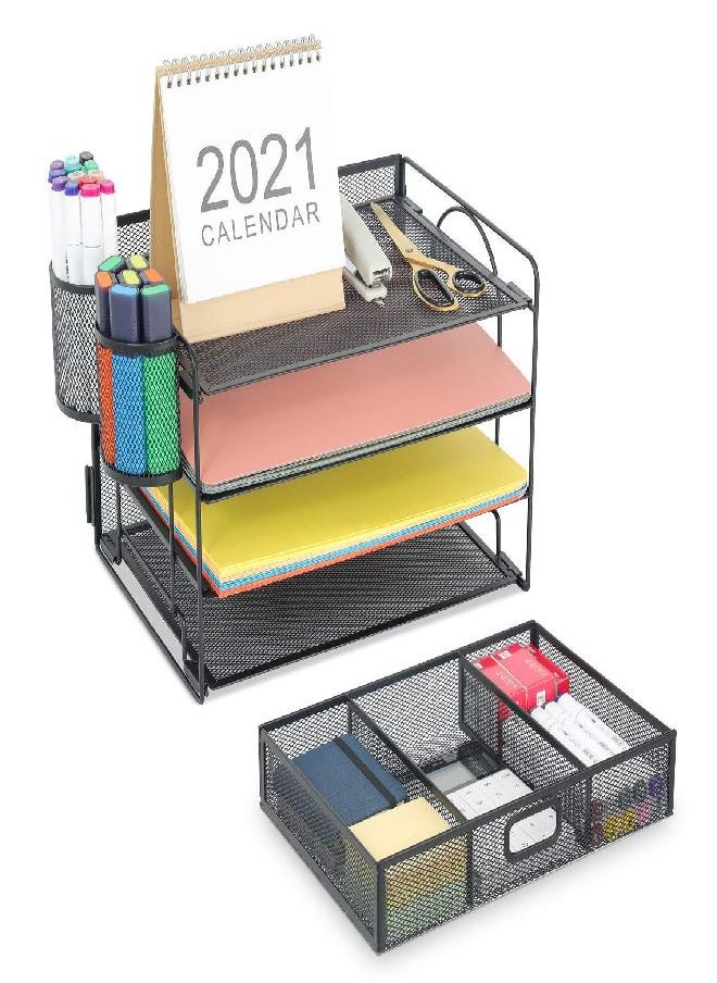 Marbrasse Marbrasse 4-Trays Desktop File Organizer with Pen Holder | Paper Letter Tray Drawer and 2 Mesh Office Supplies Desk for Home (Black)  - Image 1