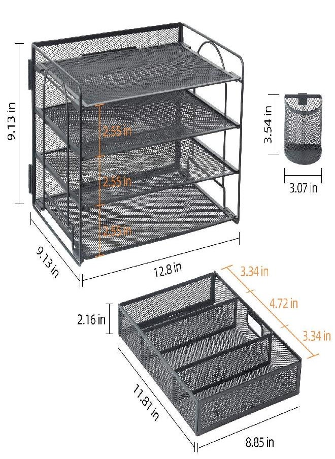 Marbrasse Marbrasse 4-Trays Desktop File Organizer with Pen Holder | Paper Letter Tray Drawer and 2 Mesh Office Supplies Desk for Home (Black)  - Image 2