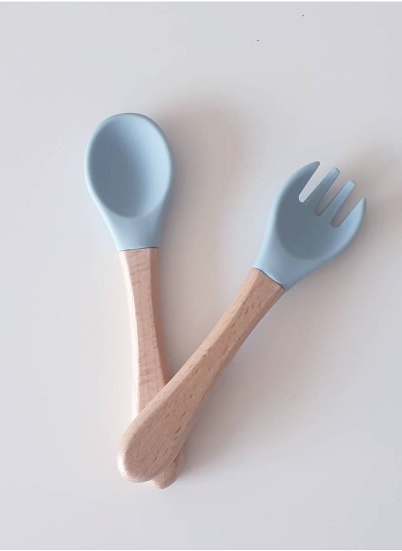 OQUERA - Wooden Bamboo and Silicone Weaning Spoon, Fork, Cutlery Feeding Set - Dusty Blue - Image 1