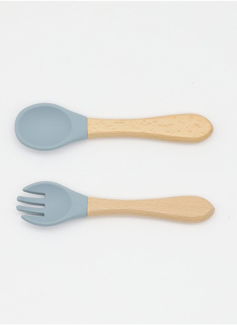 OQUERA - Wooden Bamboo and Silicone Weaning Spoon, Fork, Cutlery Feeding Set - Dusty Blue - Image 1