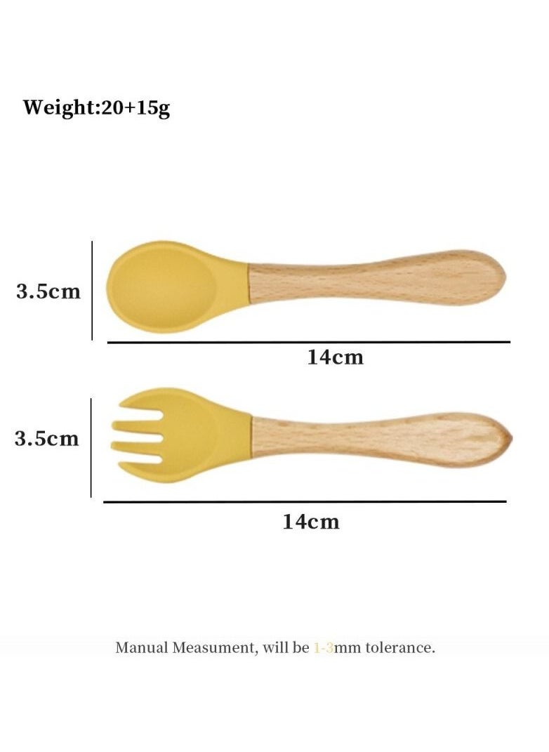 OQUERA - Wooden Bamboo and Silicone Weaning Spoon, Fork, Cutlery Feeding Set - Dusty Blue - Image 1