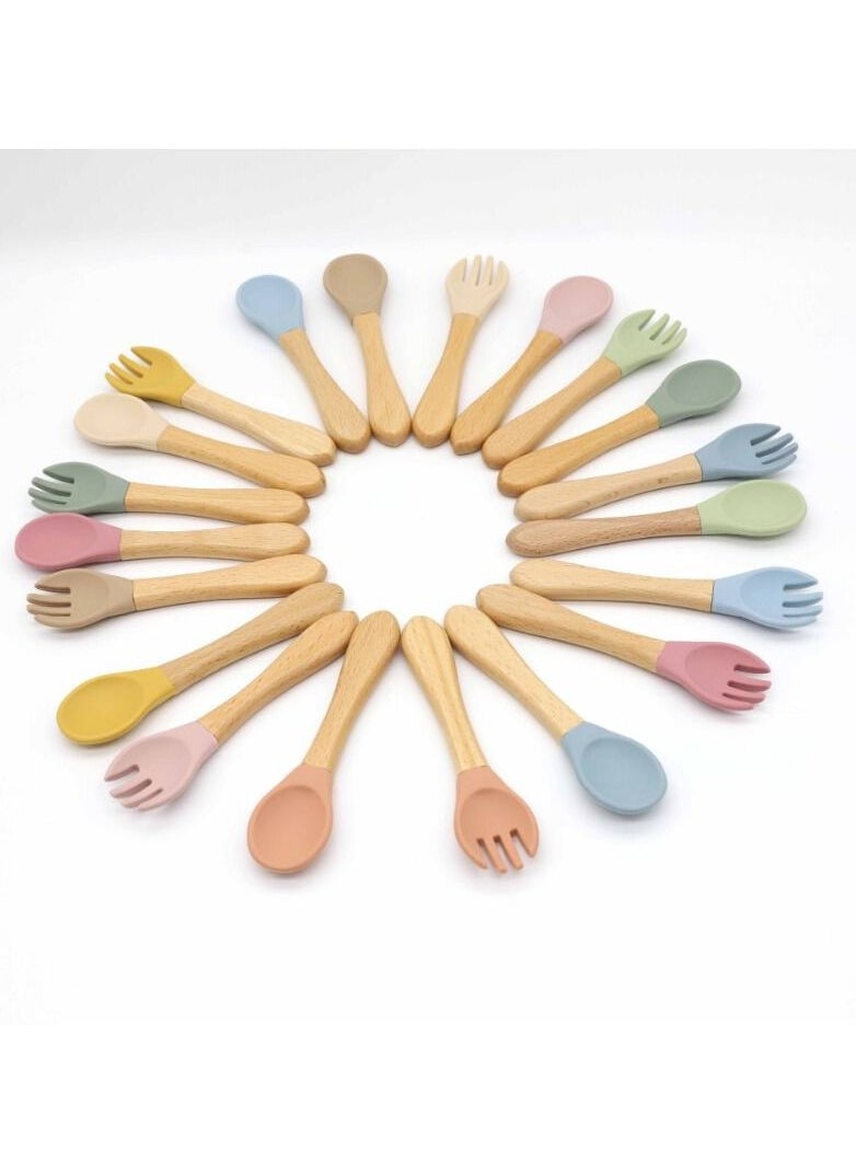 OQUERA - Wooden Bamboo and Silicone Weaning Spoon, Fork, Cutlery Feeding Set - Dusty Blue - Image 1