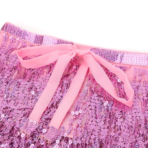 Fenyong Women's Sequin Tassel Skirts Sparkly Rave Fringe Hip Scarf for Festival Costume(Pink) - Image 3