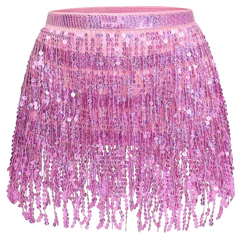 Fenyong Women's Sequin Tassel Skirts Sparkly Rave Fringe Hip Scarf for Festival Costume(Pink) - Image 1