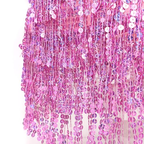 Fenyong Women's Sequin Tassel Skirts Sparkly Rave Fringe Hip Scarf for Festival Costume(Pink) - Image 2