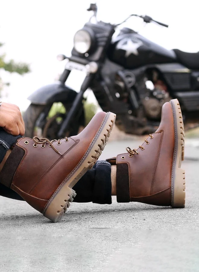 Bacca Bucci Brown Bullet Splash Proof Leather Boots for Biking & Hiking for Men | Best Price UAE