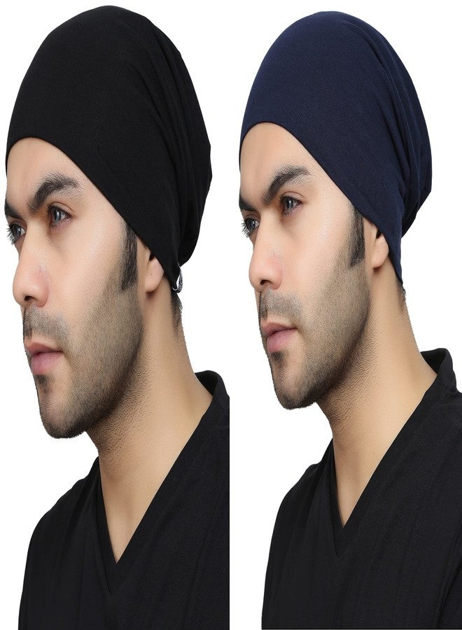 BISMAADH Unisex Soft Cotton Fashion Slouchy Beanie Skull Hair Cover Sleep Cap Hat for Frizzy Natural Curly Hair Protection Pack of 2 (Black & Blue) - Image 1