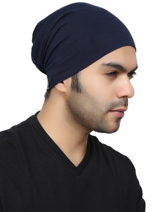 BISMAADH Unisex Soft Cotton Fashion Slouchy Beanie Skull Hair Cover Sleep Cap Hat for Frizzy Natural Curly Hair Protection Pack of 2 (Black & Blue) - Image 4