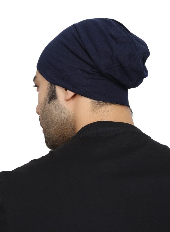 BISMAADH Unisex Soft Cotton Fashion Slouchy Beanie Skull Hair Cover Sleep Cap Hat for Frizzy Natural Curly Hair Protection Pack of 2 (Black & Blue) - Image 2