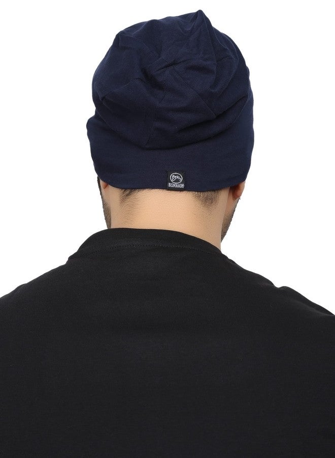 BISMAADH Unisex Soft Cotton Fashion Slouchy Beanie Skull Hair Cover Sleep Cap Hat for Frizzy Natural Curly Hair Protection Pack of 2 (Black & Blue) - Image 3