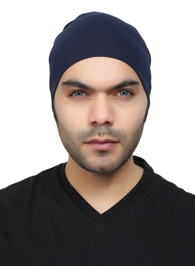 BISMAADH Unisex Soft Cotton Fashion Slouchy Beanie Skull Hair Cover Sleep Cap Hat for Frizzy Natural Curly Hair Protection Pack of 2 (Black & Blue) - Image 5