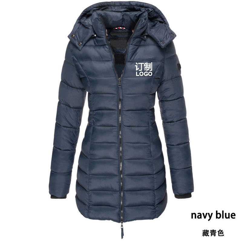 Printed logo printing European size cross-border winter womens cotton jacket mid-length slim warm solid color hooded Navy blue - Image 1