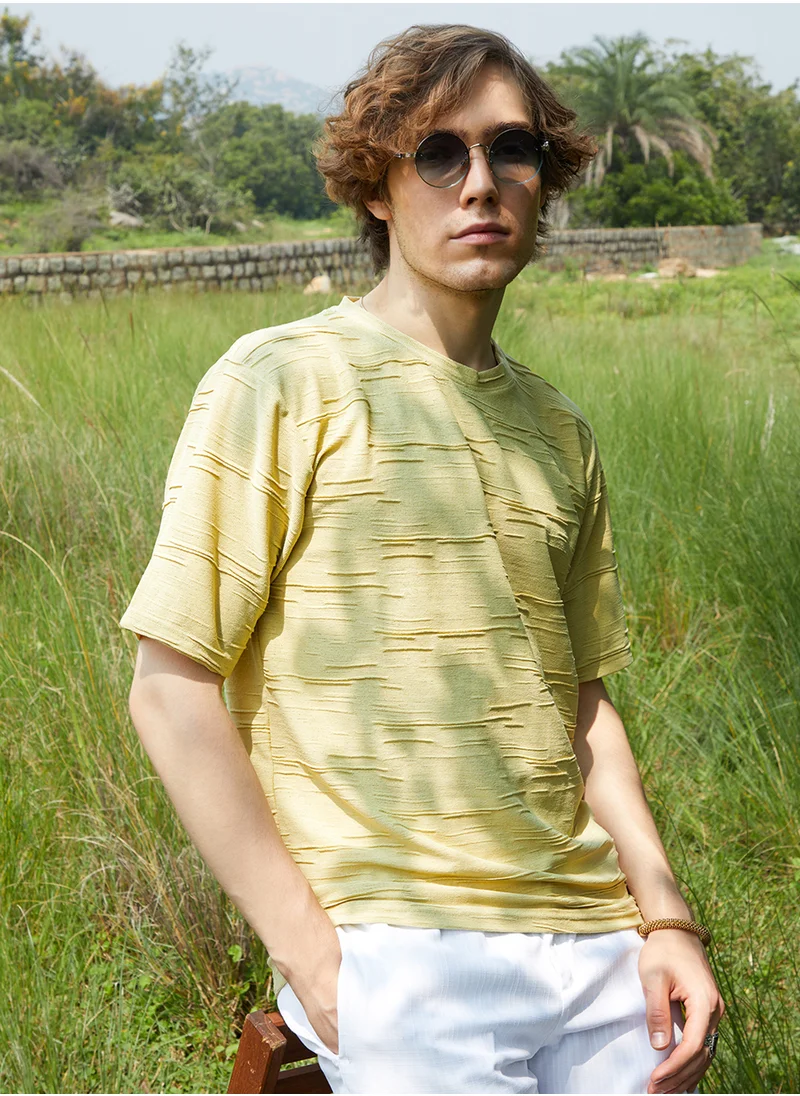 Campus Sutra Men's Naples Yellow Solid Creased T-Shirt