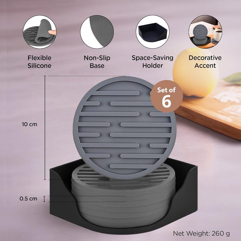 UMAI Silicone Coasters Set of 6 Dia 10cm Dining Table Decor Accessories CupsCoffee MugsGlasses Coaster with Holder Glass Cover Lid Kitty Party Return Gifts for Women Design 2 - Image 3