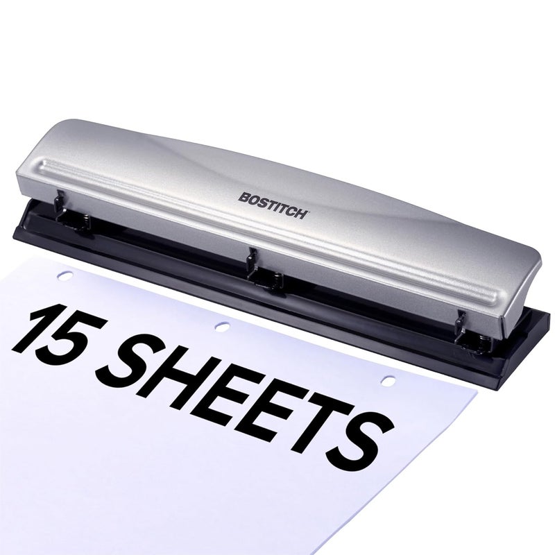 Bostitch 3 Hole Paper Punch, 15 Sheet Capacity, Metal Office Hole Puncher with Chip Tray, Non-Slip Base, 9/32" Holes, Perfect for Binders, School, Home & Office - Image 1