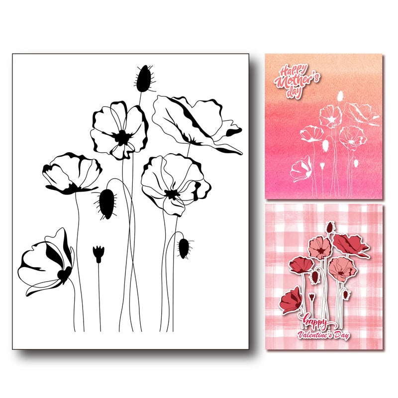 arriettycraft Flowers Poppy Clear Stamps for Card Making or Journaling Budding Poppies Rubber Stamps for Journals Scrapbooking Albums and Other Paper Crafts Decoration