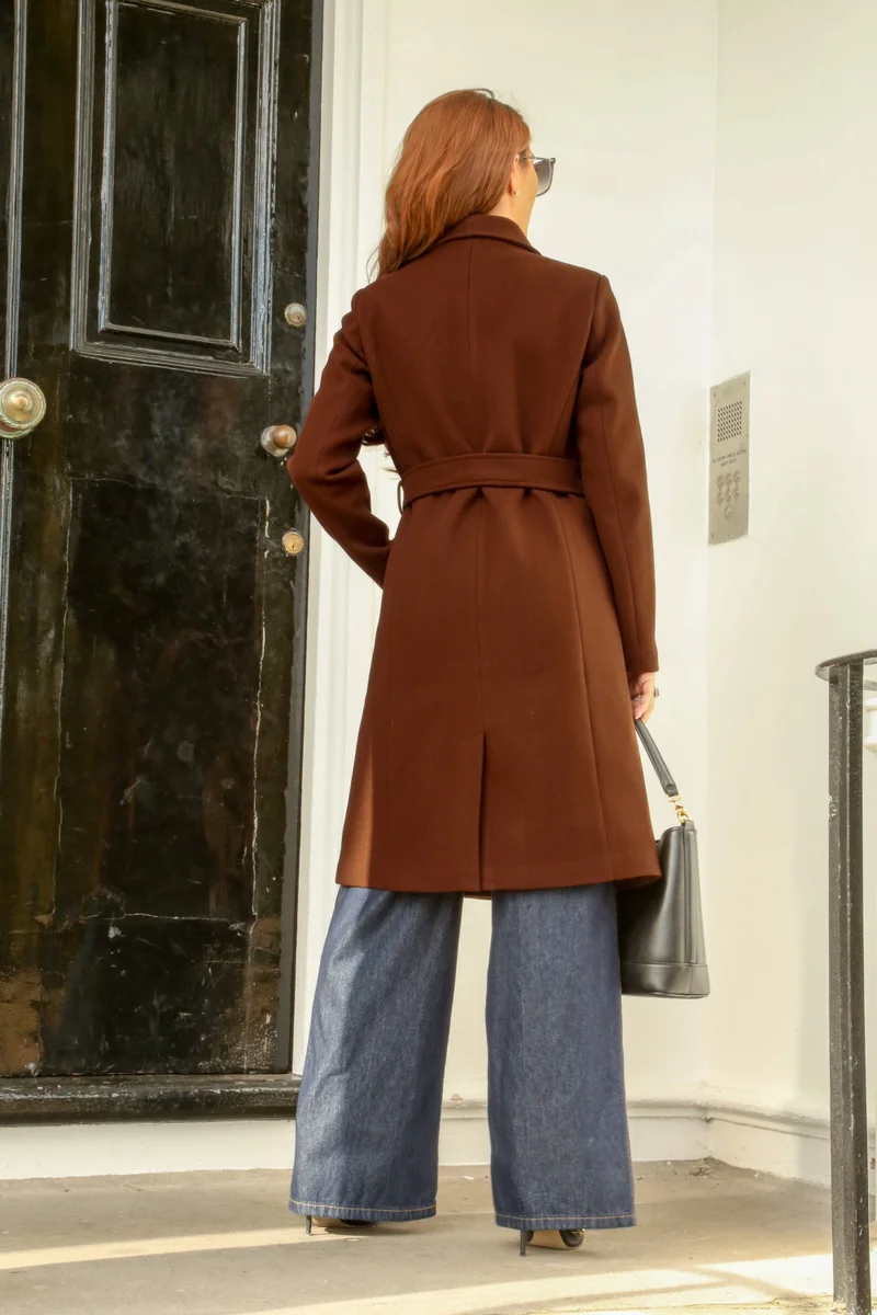 Double Second Brown Double Breasted Shawl Collar Coat for Women | Best Price UAE