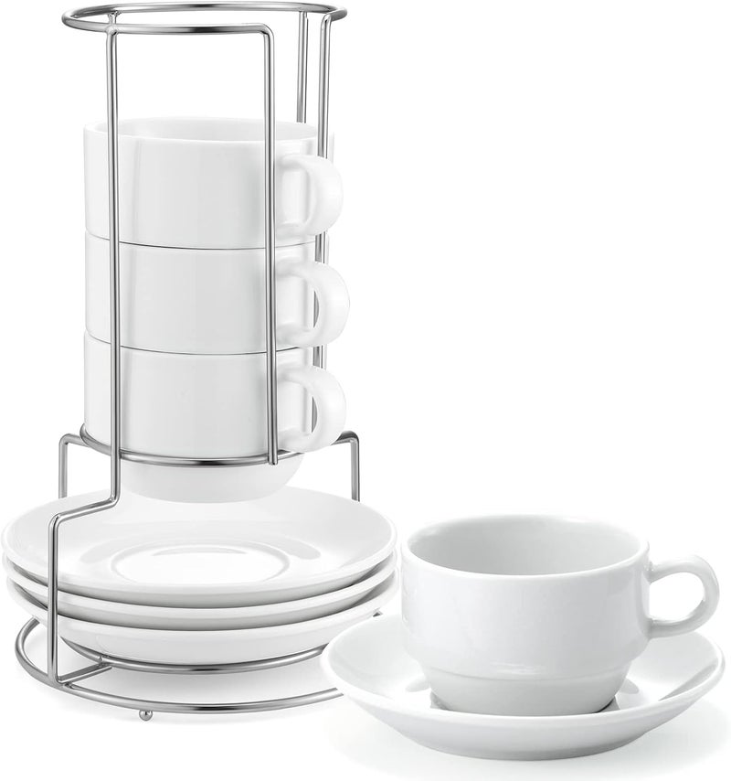 Yedio 4 oz Espresso Cups with Saucers and Metal Stand, Porcelain Stackable Coffee Cappuccino Cups Set of 4, White - Image 1