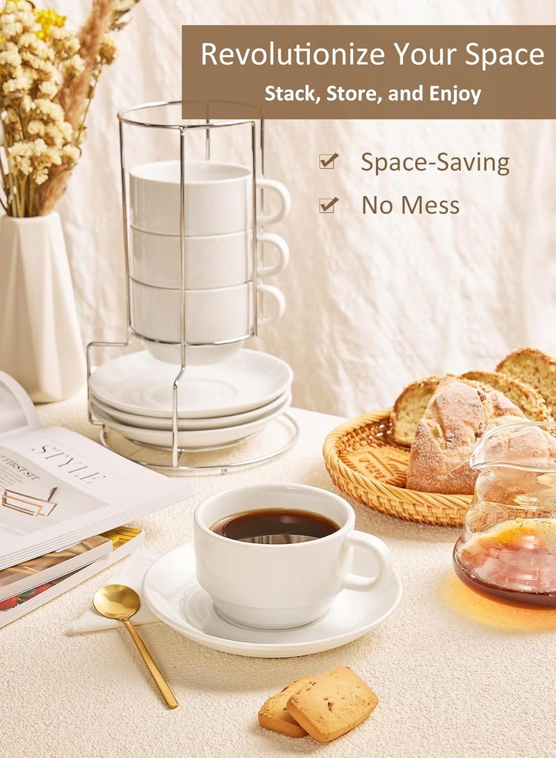 Yedio 4 oz Espresso Cups with Saucers and Metal Stand, Porcelain Stackable Coffee Cappuccino Cups Set of 4, White - Image 4
