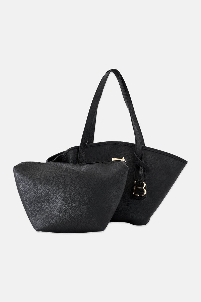 Lucky Bees Women Leather Tote Bag With Toiletry Bag, Black - Image 1