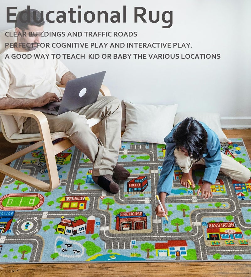 VSIWB Kids Carpet Playmat Rug 5'2''x3'3'', Kids Rugs for Bedroom, Non-Slip Town City Road Map Car Rugs for Kids Toy Cars, Track Carpet Play Rug for Playroom Classroom Decor (Sky Blue) - Image 5