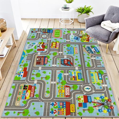 VSIWB Kids Carpet Playmat Rug 5'2''x3'3'', Kids Rugs for Bedroom, Non-Slip Town City Road Map Car Rugs for Kids Toy Cars, Track Carpet Play Rug for Playroom Classroom Decor (Sky Blue) - Image 1