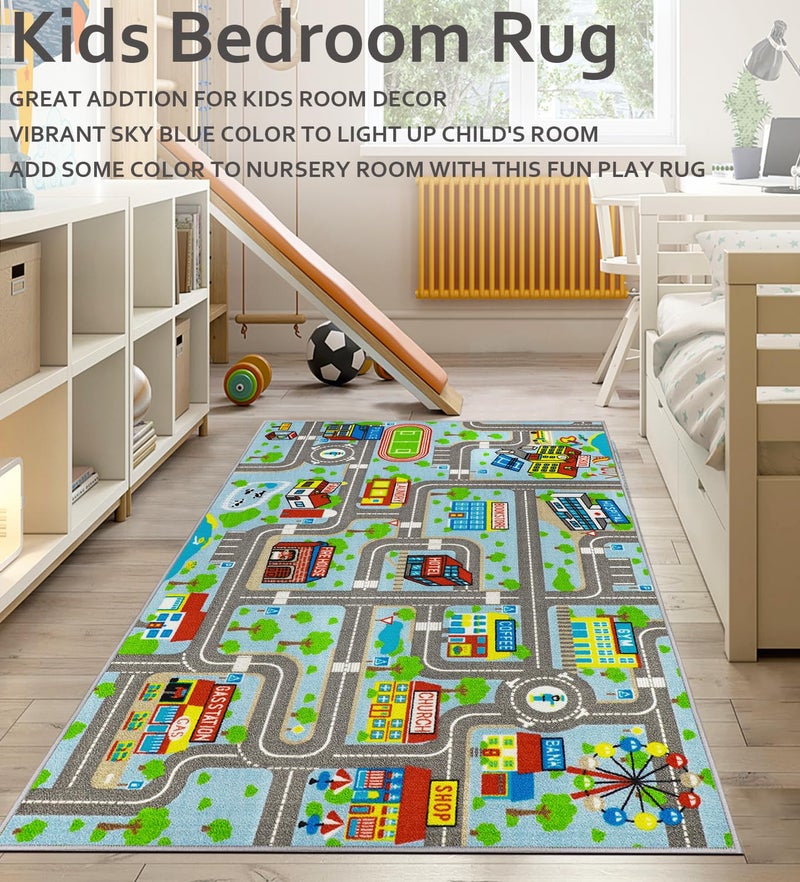 VSIWB Kids Carpet Playmat Rug 5'2''x3'3'', Kids Rugs for Bedroom, Non-Slip Town City Road Map Car Rugs for Kids Toy Cars, Track Carpet Play Rug for Playroom Classroom Decor (Sky Blue) - Image 2