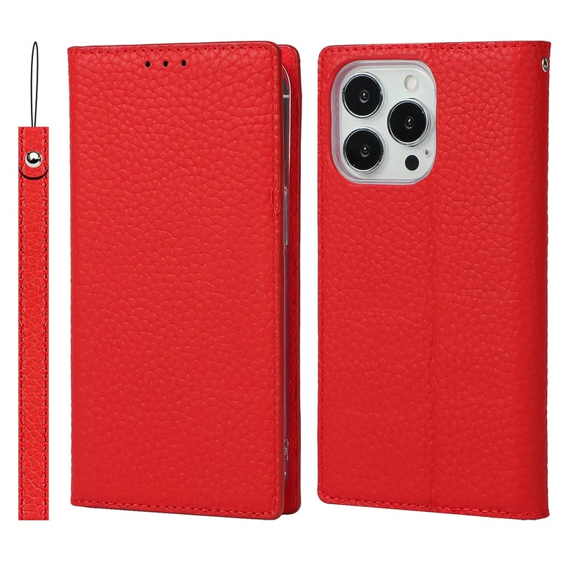 iCoverCase for iPhone 13 Pro Wallet Case Genuine Leather RFID Blocking Card Holder Magnetic Flip Cover Case with Wrist Strap  Red