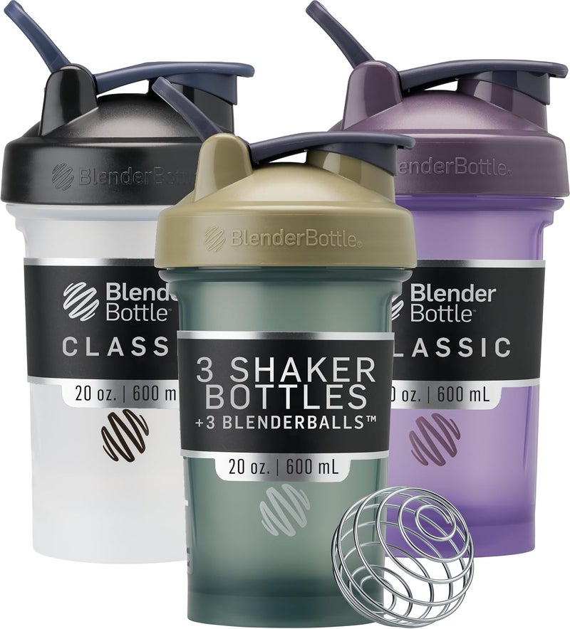 BlenderBottle Classic V2 Shaker Bottle Perfect for Protein Shakes and Pre Workout, 20-Ounce (3 Pack), Black, Tan/Blue, Purple - Image 1