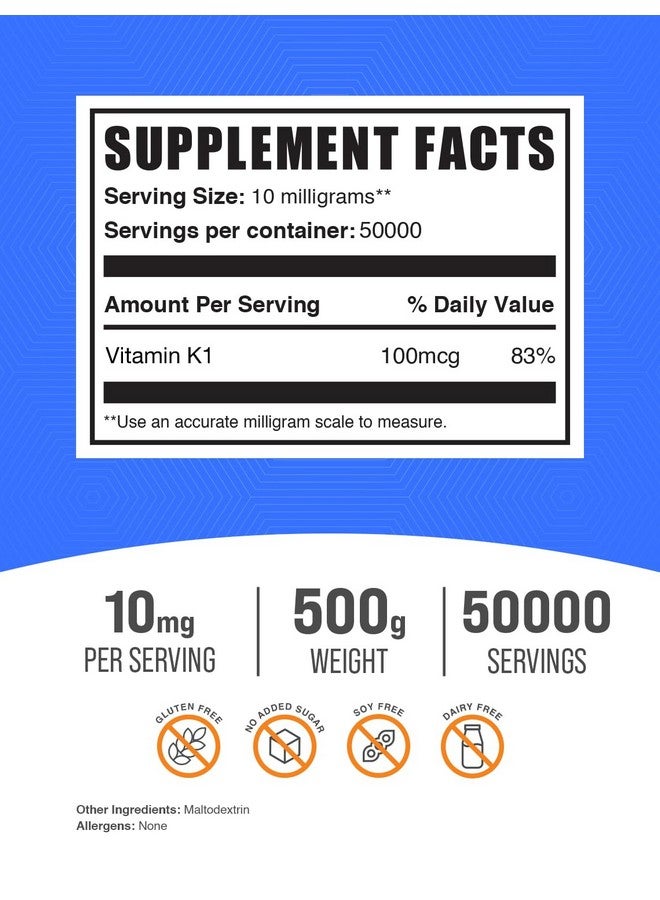 BulkSupplements.com Vitamin K1 Powder - 1%, Vitamin K Supplement, Vitamin K-1 100mcg - Gluten Free, 10mg per Serving, 500g (1.1 lbs) (Pack of 1) - Image 2
