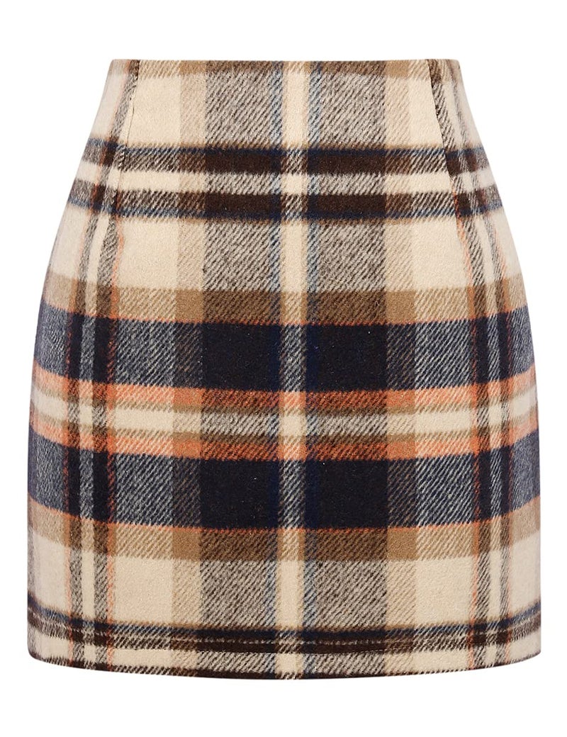IDEALSANXUN Plaid Skirts for Women Fall Winter 2026 High Waist Bodycon Pencil Wool Mini Skirt(Brown 01, L) - Image 1