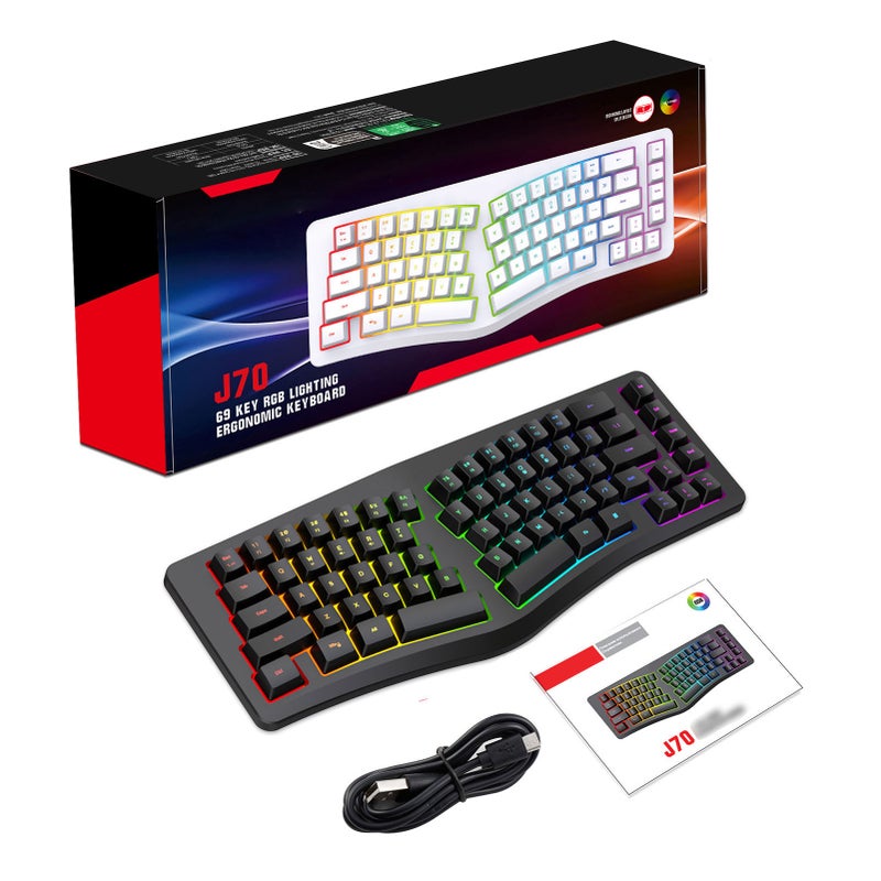 69-Key Wired Ergonomic Keyboard with 18 Modes RGB Backlit USB-C Detachable Cable for Computer Black - Image 1