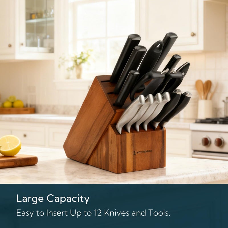 KITCHENDAO 14 Slot Acacia Wood Knife Block without Knives, Universal Knife Holder for Kitchen, Holding Multiple Types of Knives, Countertop Butcher Block Knife Stand for Easy Kitchen Storage - Image 2
