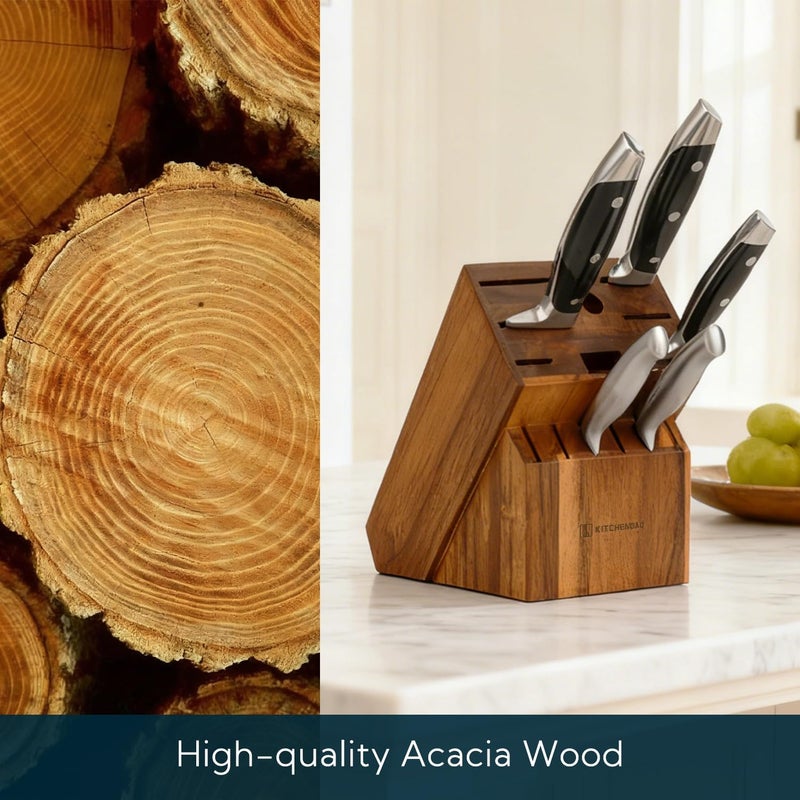 KITCHENDAO 14 Slot Acacia Wood Knife Block without Knives, Universal Knife Holder for Kitchen, Holding Multiple Types of Knives, Countertop Butcher Block Knife Stand for Easy Kitchen Storage - Image 4