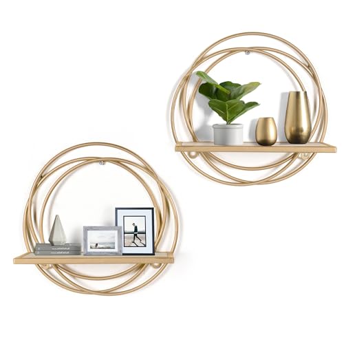 Oakrain Small Floating Shelves Set of 2, 11" Gold Wall Mounted Hanging Shelf with Metal Frame Wood Round Wall Shelves for Storage, Living Room Decor, Bathroom, Kitchen, Bedroom, Office - Image 1