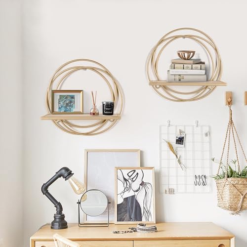 Oakrain Small Floating Shelves Set of 2, 11" Gold Wall Mounted Hanging Shelf with Metal Frame Wood Round Wall Shelves for Storage, Living Room Decor, Bathroom, Kitchen, Bedroom, Office - Image 3