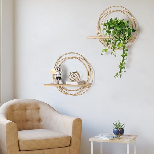 Oakrain Small Floating Shelves Set of 2, 11" Gold Wall Mounted Hanging Shelf with Metal Frame Wood Round Wall Shelves for Storage, Living Room Decor, Bathroom, Kitchen, Bedroom, Office - Image 4
